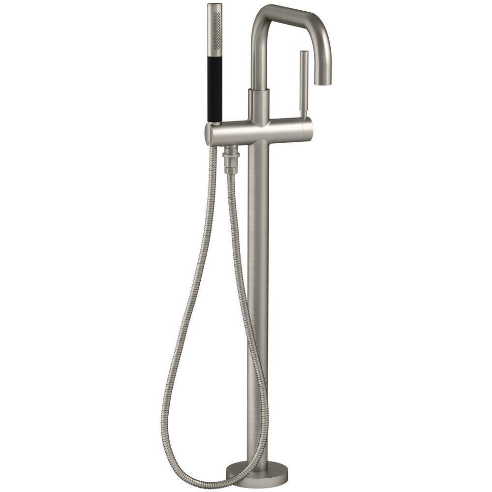 KOHLER Purist Single-Handle Floor Mount Roman Tub Faucet with Handshower in Vibrant Brushed Nickel K-T97328-4-BN