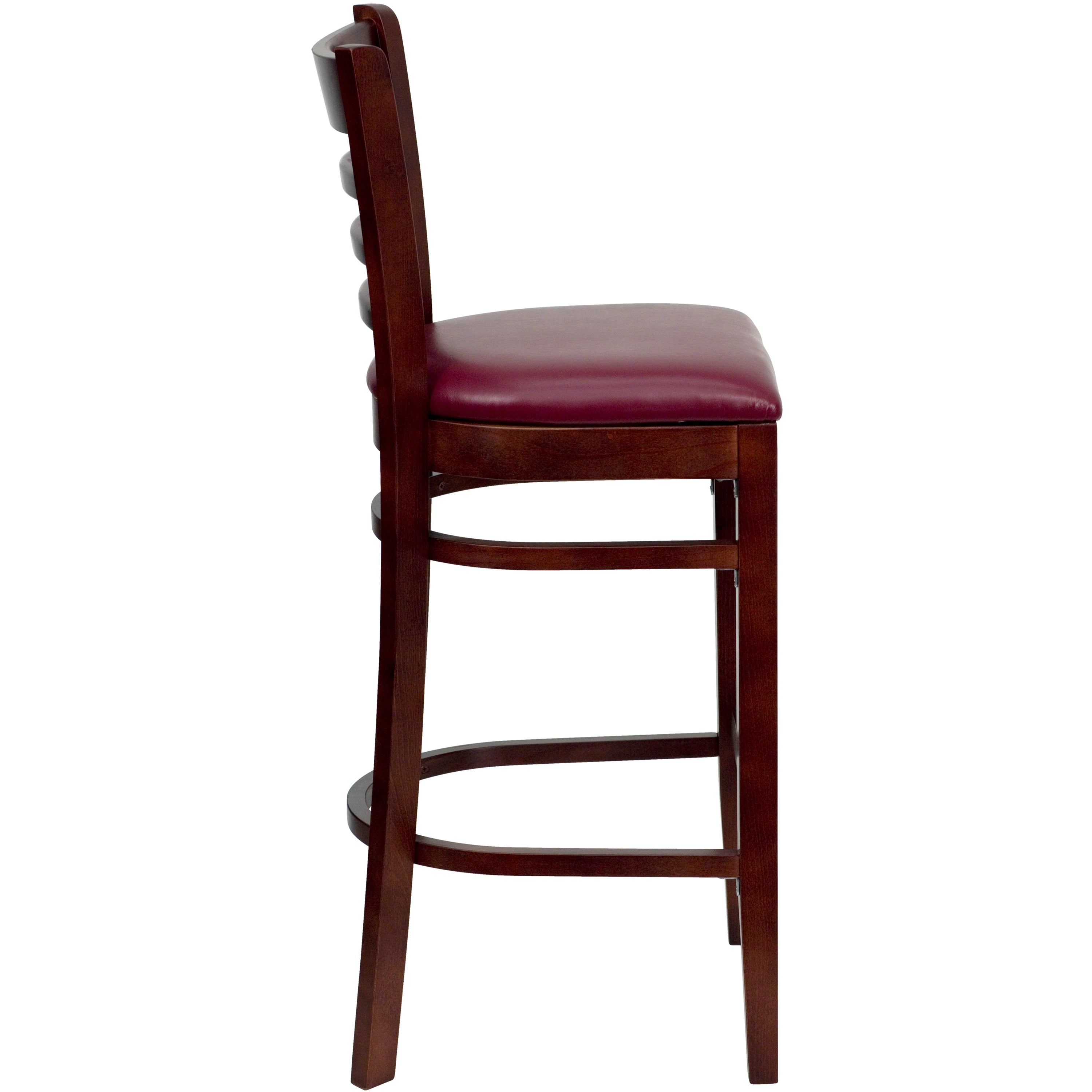 BizChair 2 Pk. Ladder Back Mahogany Wood Restaurant Barstool - Burgundy Vinyl Seat