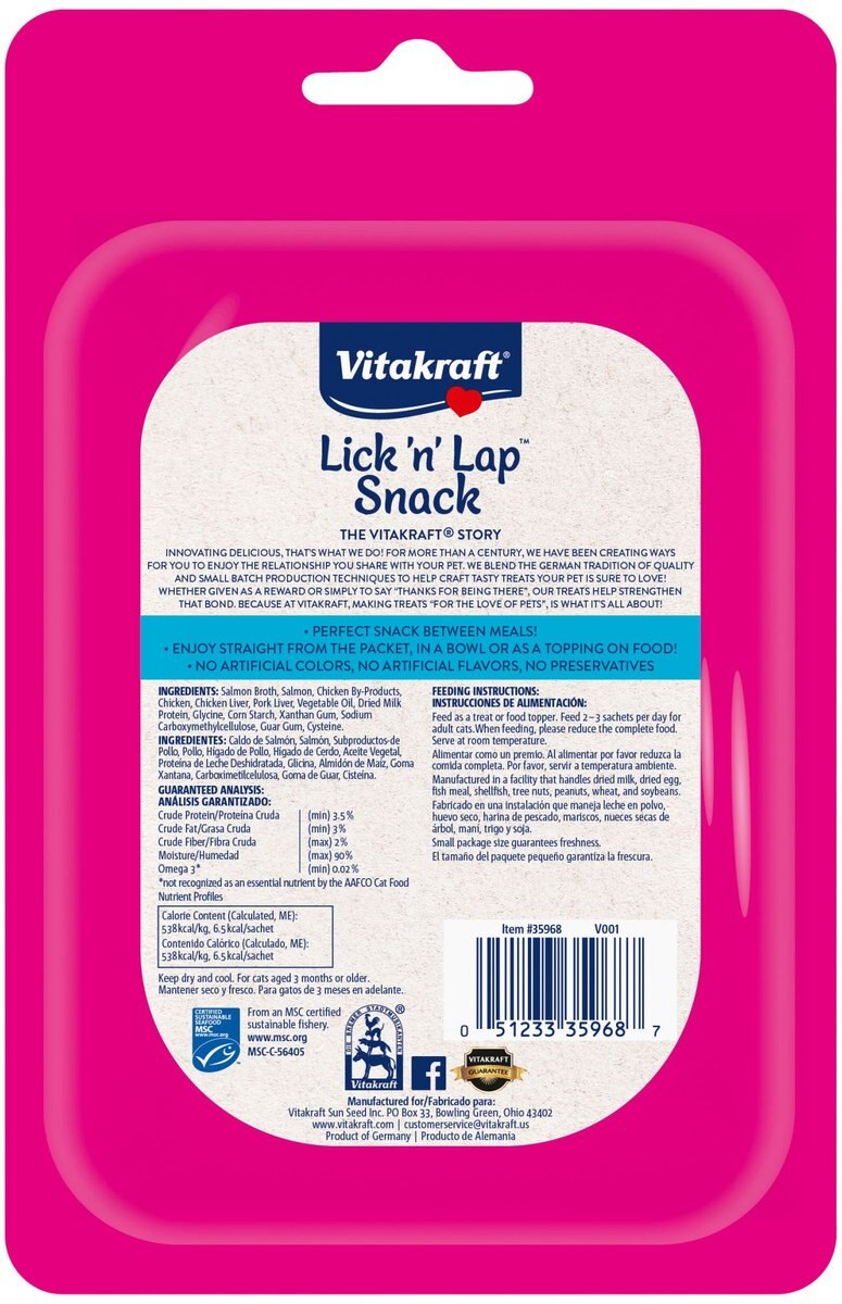 Vitakraft Lick 'n' Lap Creamy Salmon Low Calorie Interactive Wet Cat Treat， 0.42-oz tube， case of 20