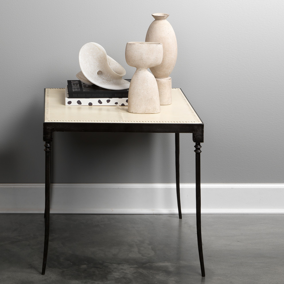 Off White Full Grain Leather Side Table Nevado   Traditional   Side Tables And End Tables   by GwG Outlet  Houzz