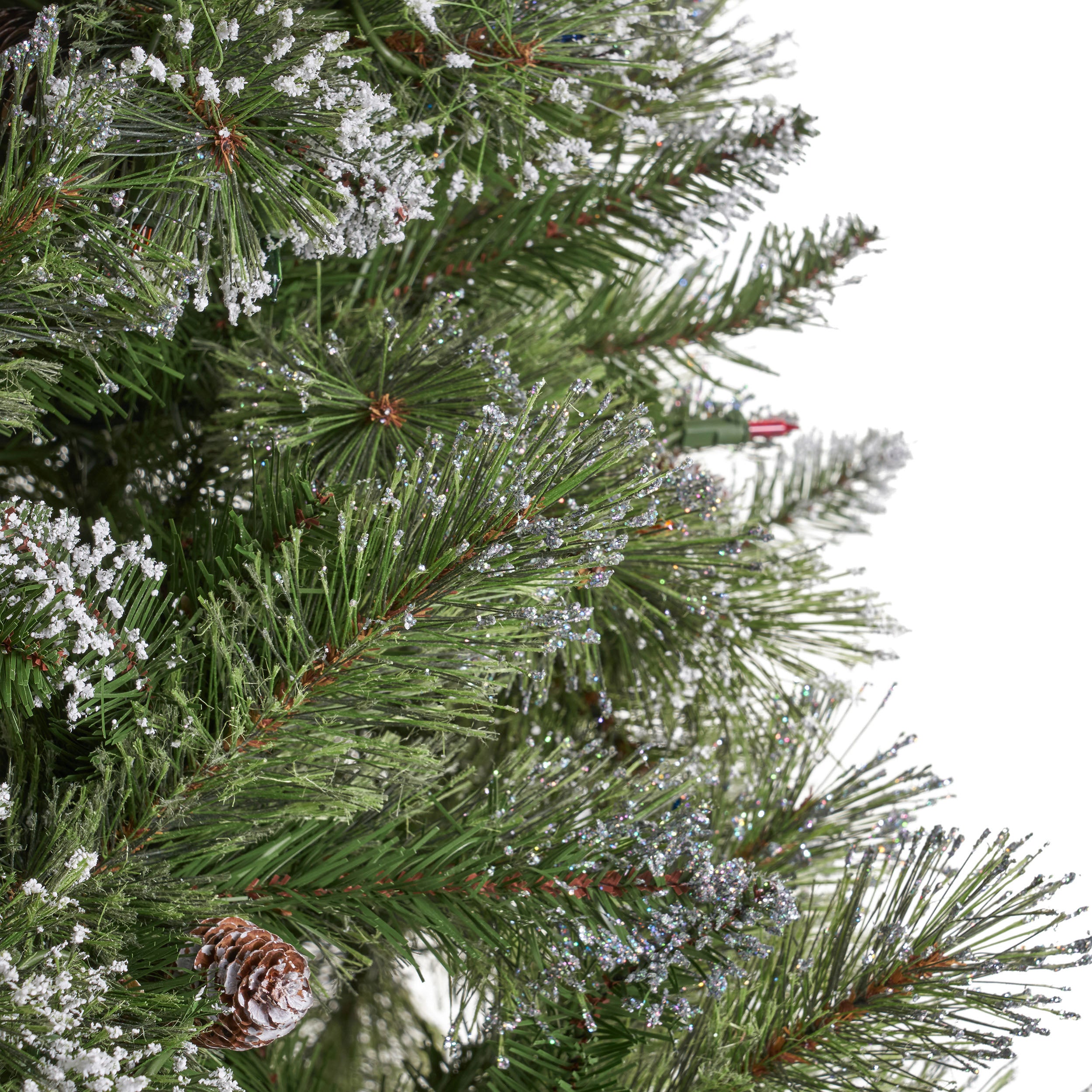 9-foot Mixed Spruce Hinged Artificial Christmas Tree with Snow and Glitter Branches and Frosted Pinecones