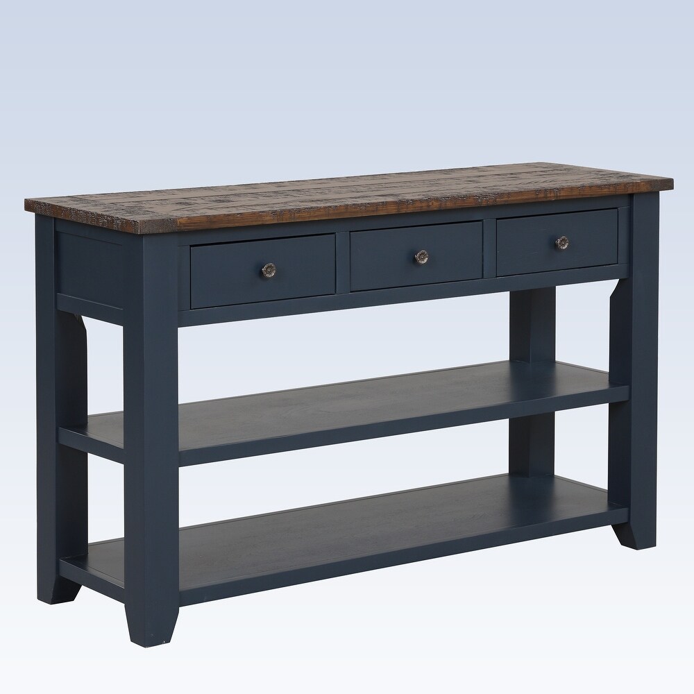 Modern Solid Pine Wood Top Console Table with Drawers and Shelves