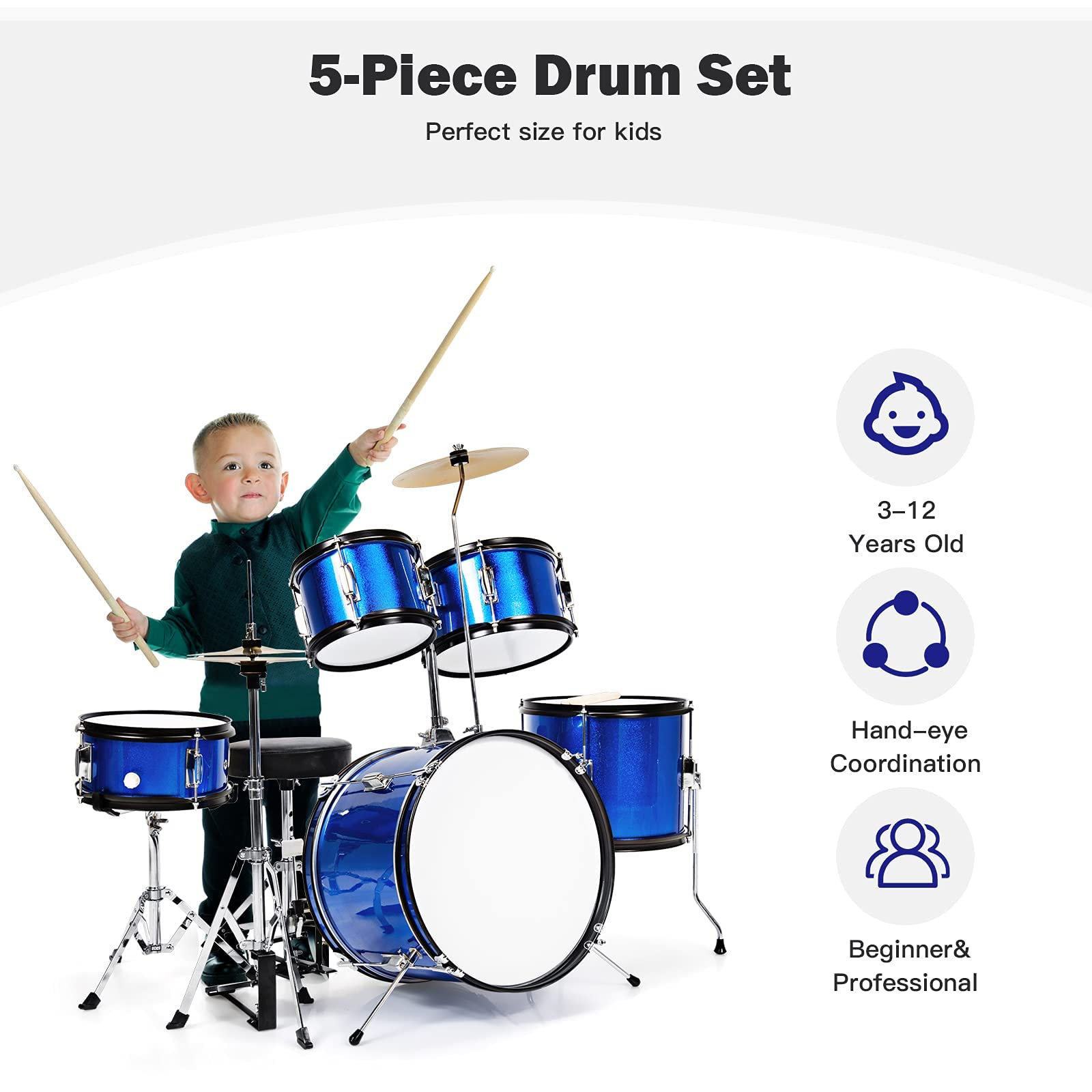 Costzon 16'' Kids Drum Set, 5-Piece Full Size Complete Junior Drum Set with Adjustable Throne