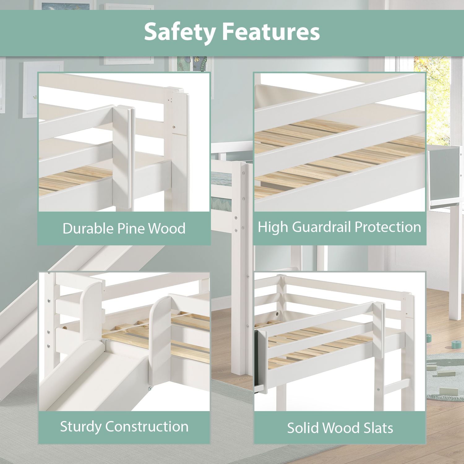 Naomi Home Cindy Kids Loft Bed with Slide, Twin Loft Bed with Slide, Loft Bed with Slide, Loft Bed Slide with Ladder, Chalkboard, Pine Wood Space Saving Kids Bed Frame for Boys, Girls, White