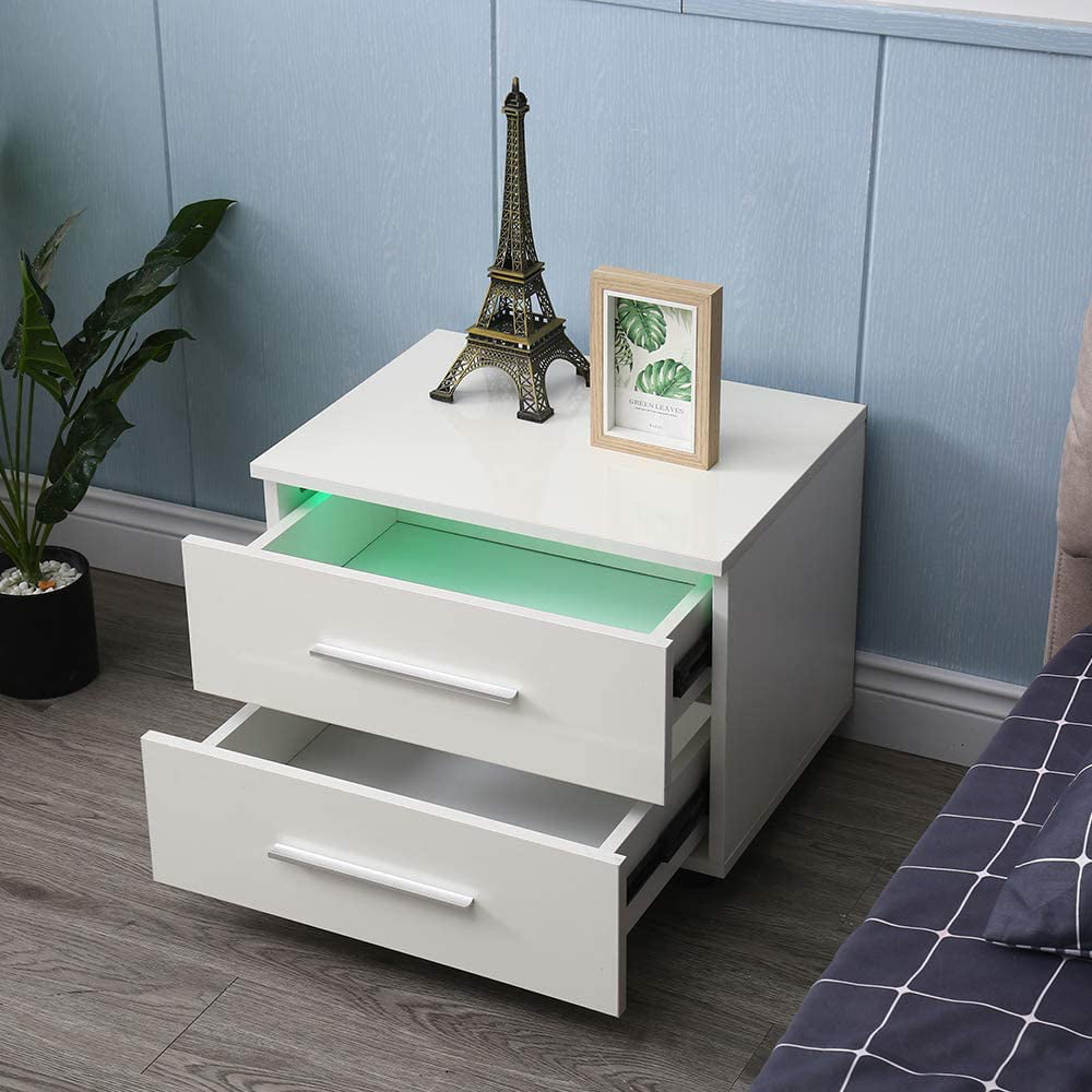 TFCFL 2 Layer End Bedside Table Modern LED Light Nightstand with Drawer Storage White