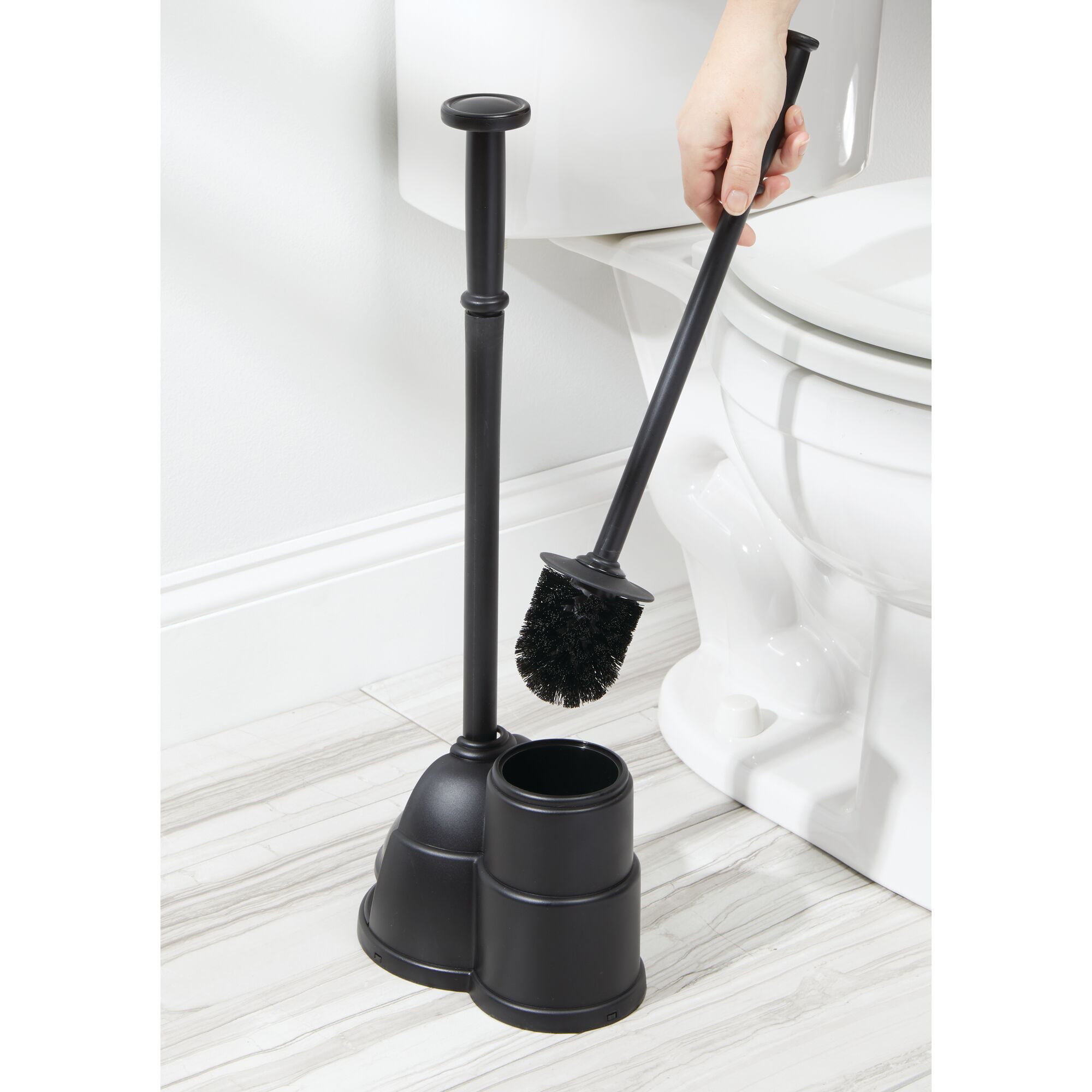 mDesign Plunger and Brush Set for Toilet Bowl - Hidden， Modern Toilet Brush and Plunger Set with Caddy - Brush Cleaner and Plunger Combo with Holder for Bathroom - Hyde Collection - Black