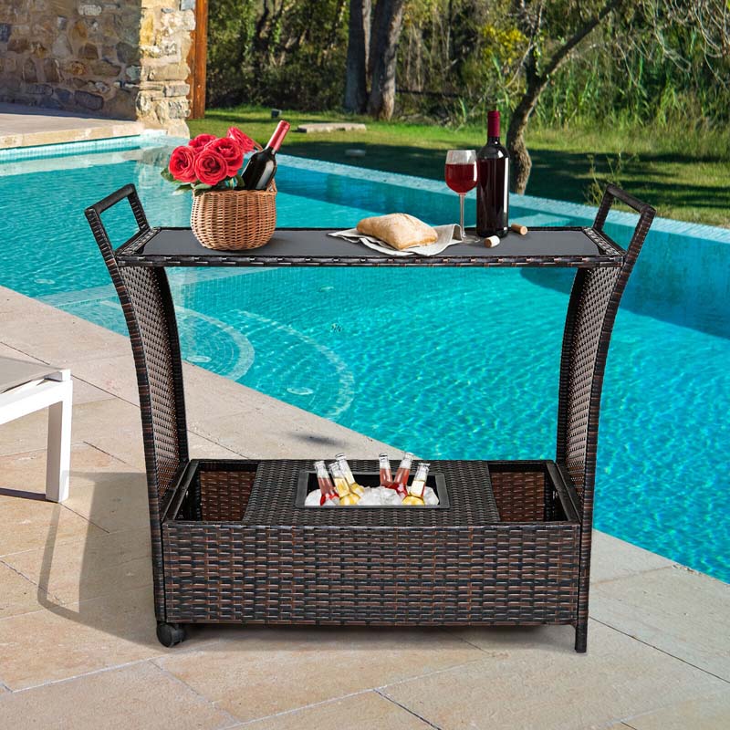 Outdoor Wicker Bar Cart Patio Wine Serving Cart Rolling Rattan Beverage Bar Counter Table with Glass Top & Ice Bucket