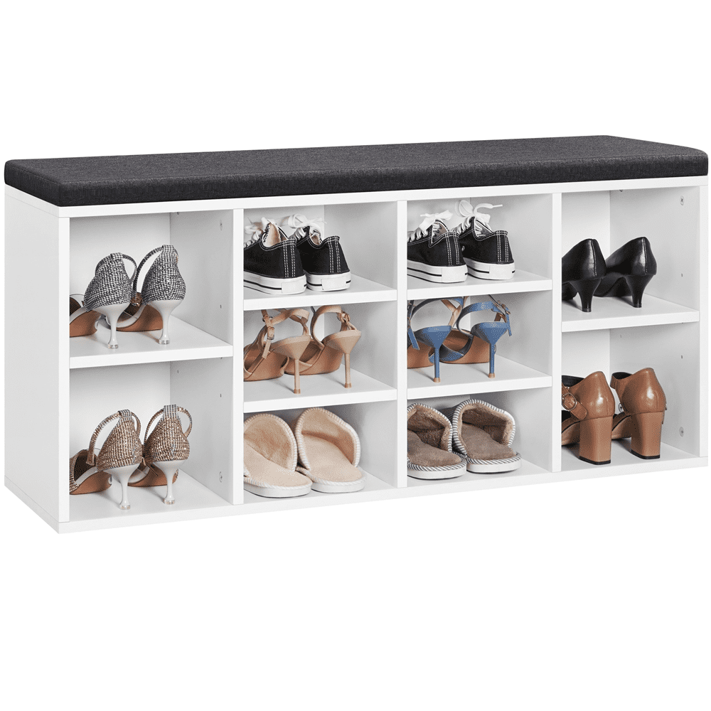 SmileMart 10 Cubbies Shoe Storage Bench， Wood， Foam and Fabric， White