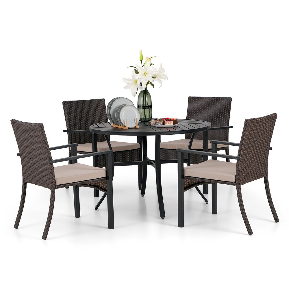 5 Piece Patio Dining Set of 4 Padded Rattan Chairs and 1 Chic Metal Round Table