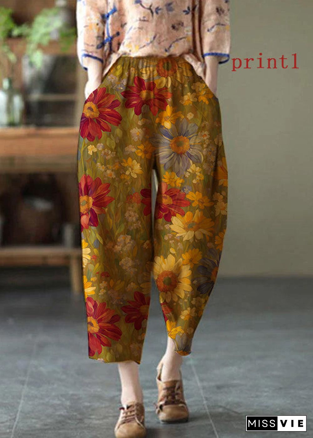 Natural yellow-half pattern Elastic Waist Summer Linen Harem Pants