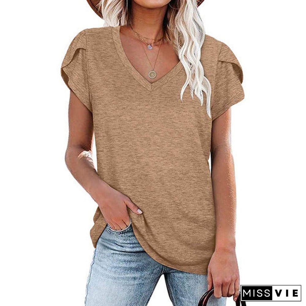 Women's Solid Color V-neck Sleeve T-shirt Blouses