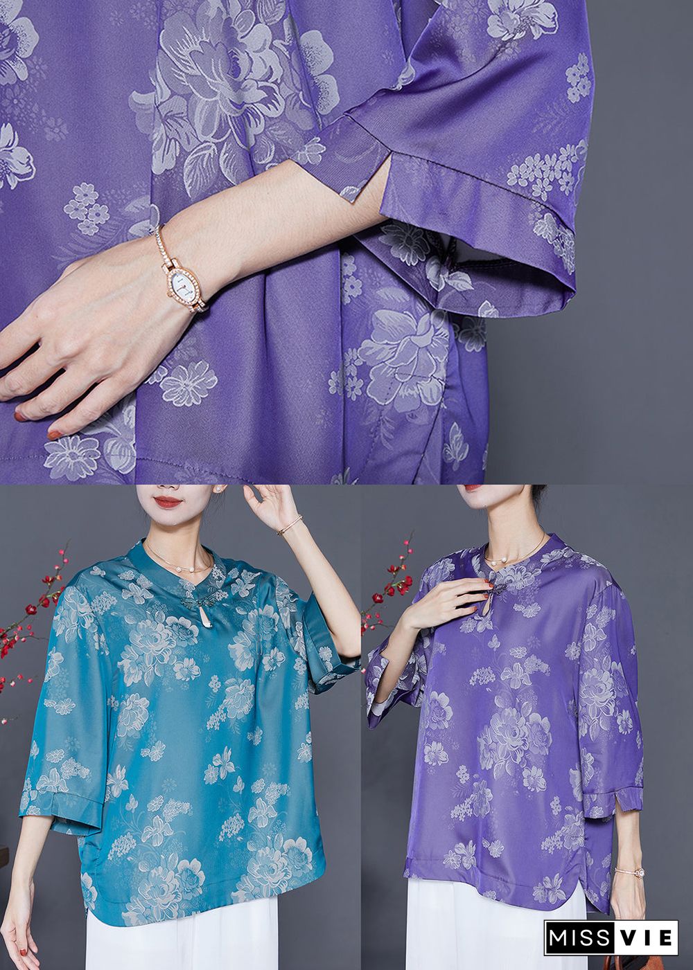 Stylish Blue Oversized Print Silk Shirt Top Bracelet Sleeve