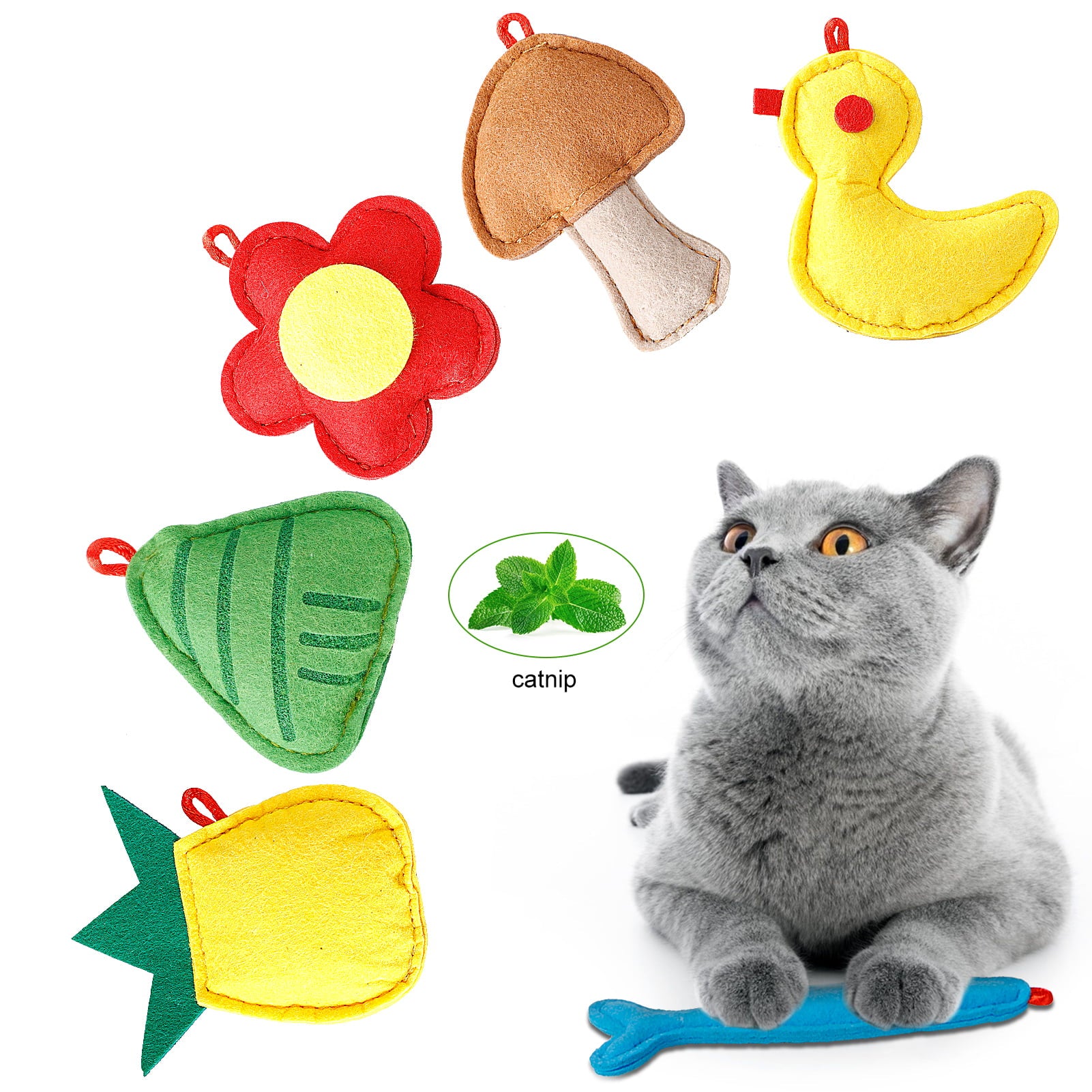 Legendog 6PCS Felt Cat Toys Duck Fish Pineapple Cat Catnip Toys Flower Kitten Chew Toys Cat Wand Refill