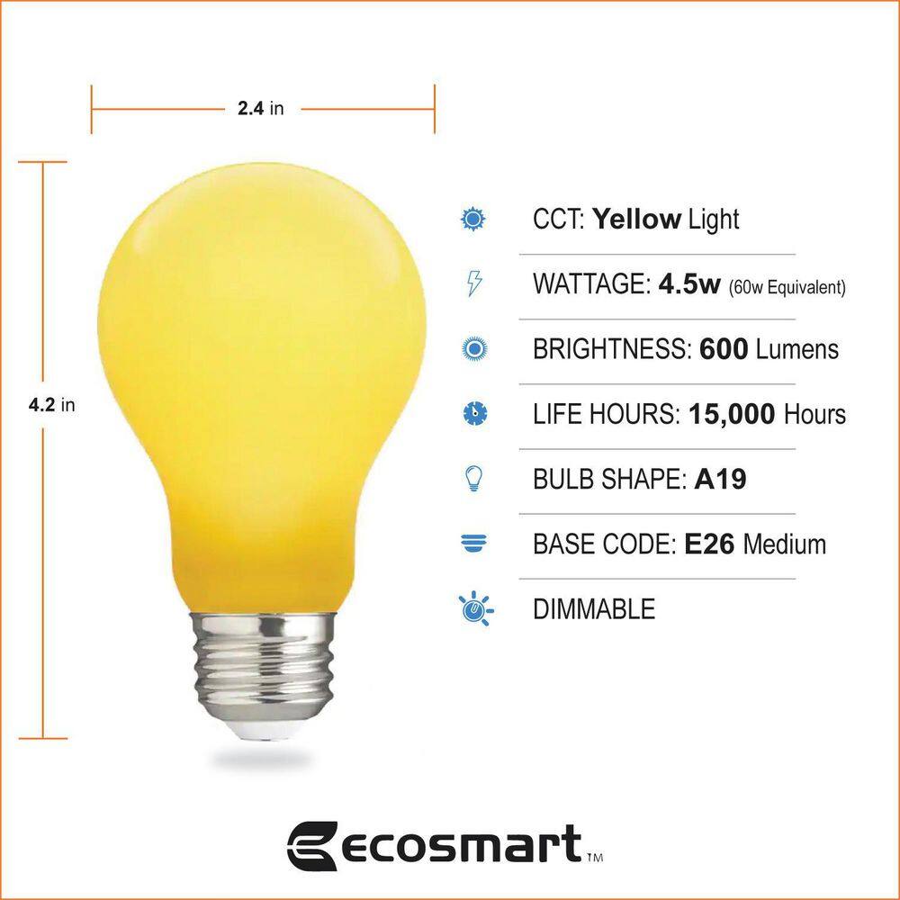 EcoSmart 60-Watt Equivalent A19 Outdoor Bug Light Yellow LED Light Bulb (1-Pack) FG-04245