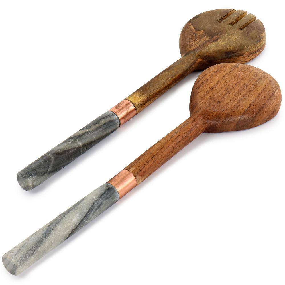 Laurie Gates California Designs Marble and Acacia Wood 2 Piece Salad Server Set 985119087M