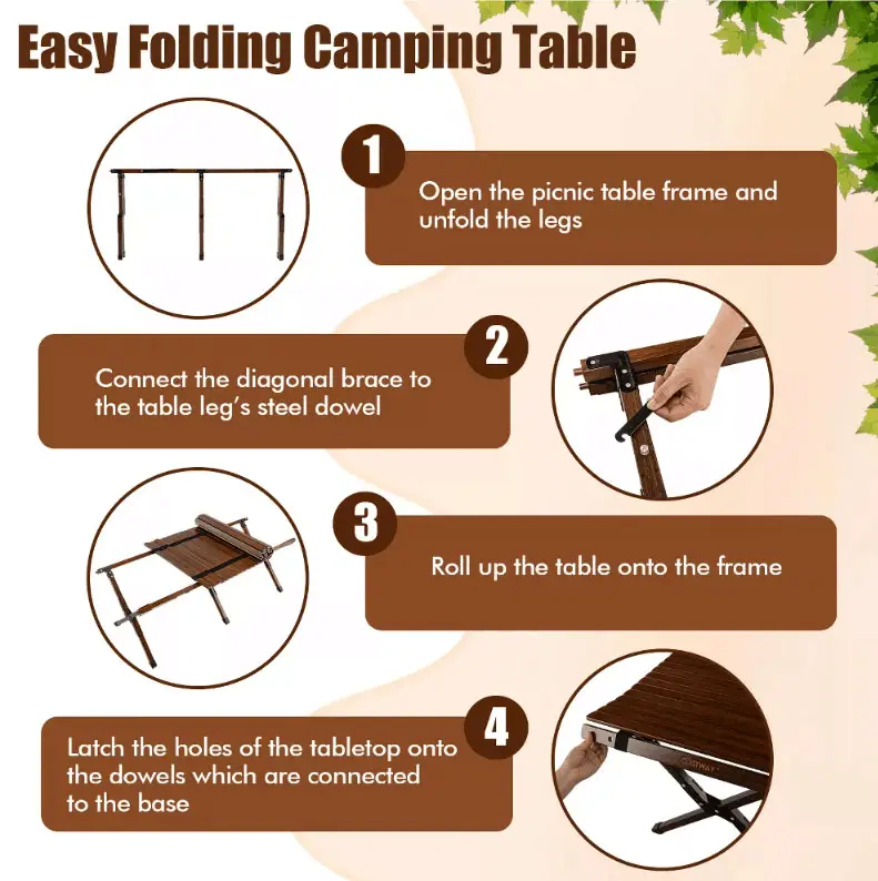 HOTO Outdoor High Quality Solid Wood Egg Roll Table Camp  Picnic Beach Wood Table Portable Camping Folding Table