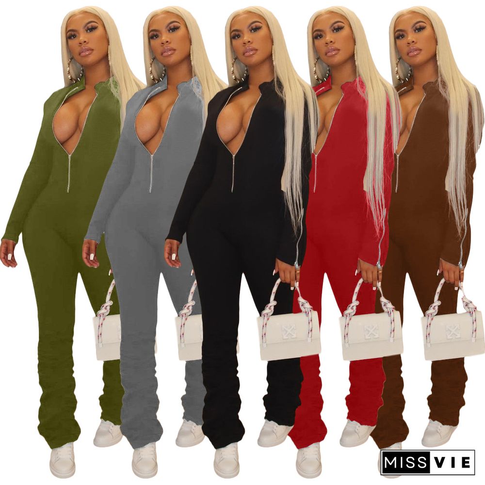 Solid Color Pleated Front Zipper Long Sleeve Bodycon Jumpsuit