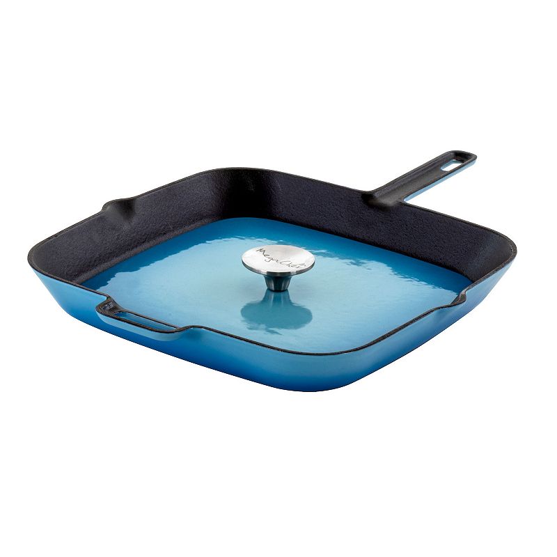 MegaChef Pro 11 Inch Square Enamel Cast Iron Grill Pan with Matching Grill Press in Blue with Press