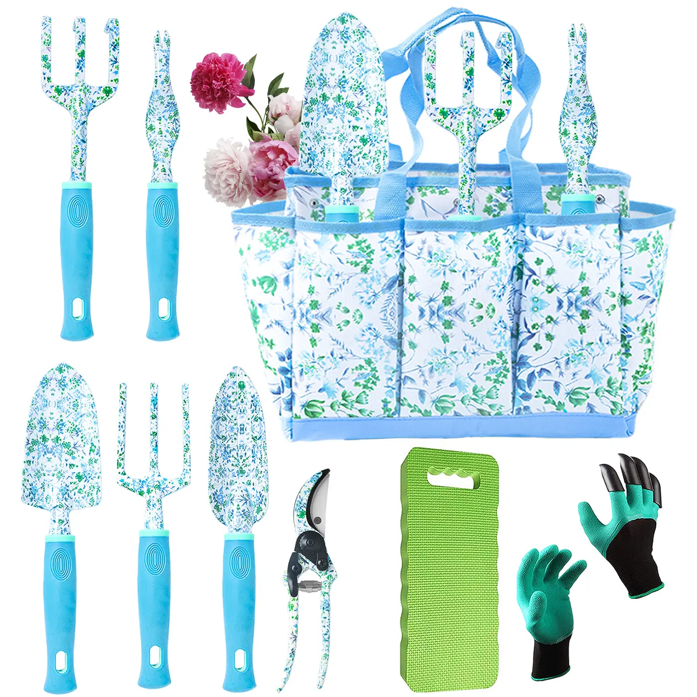 Floral Print 9 Pcs Heavy Duty Aluminum Gardening Hand Tools Kit With Pruning Shears Weeder Hand Rake Shovel Transplanter