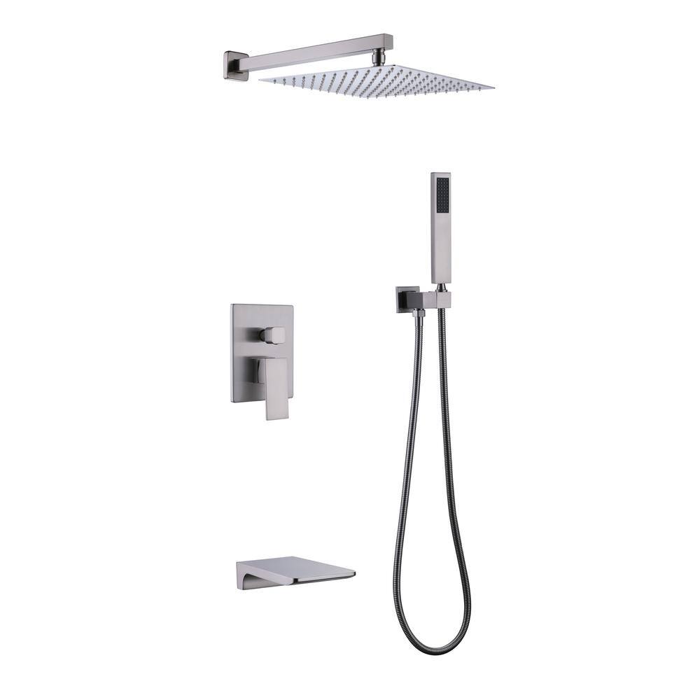 Flynama 3-Spray Wall Mounted Square Rainfall Pressure Balanced Complteted Shower System with Rough-in Valve in Brushed Nickel J-X-3W02BN