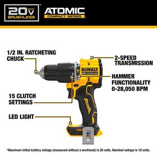 DW ATOMIC 20-Volt MAX Brushless Cordless 12 in. Hammer Drill (Tool-Only) DCD799B