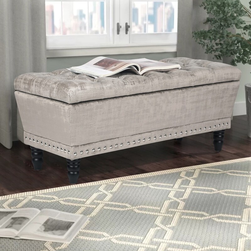 Adeco Button Tufted Trapezoid Storage Ottoman Bench