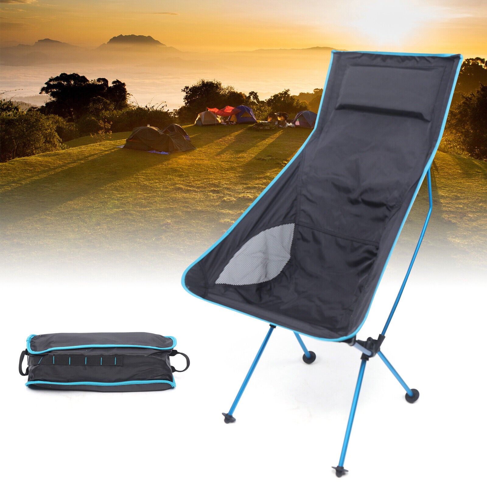 FETCOI Ultralight High Back Folding Camping Chair Beach Chair w/ Pillow Backpacking USA