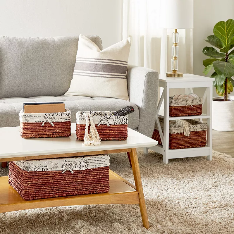 Set of 5 Brown Wicker Baskets with Cloth Lining for Storage， Lined Bins for Organizing Closet Shelves， Text Pattern (3 Sizes)