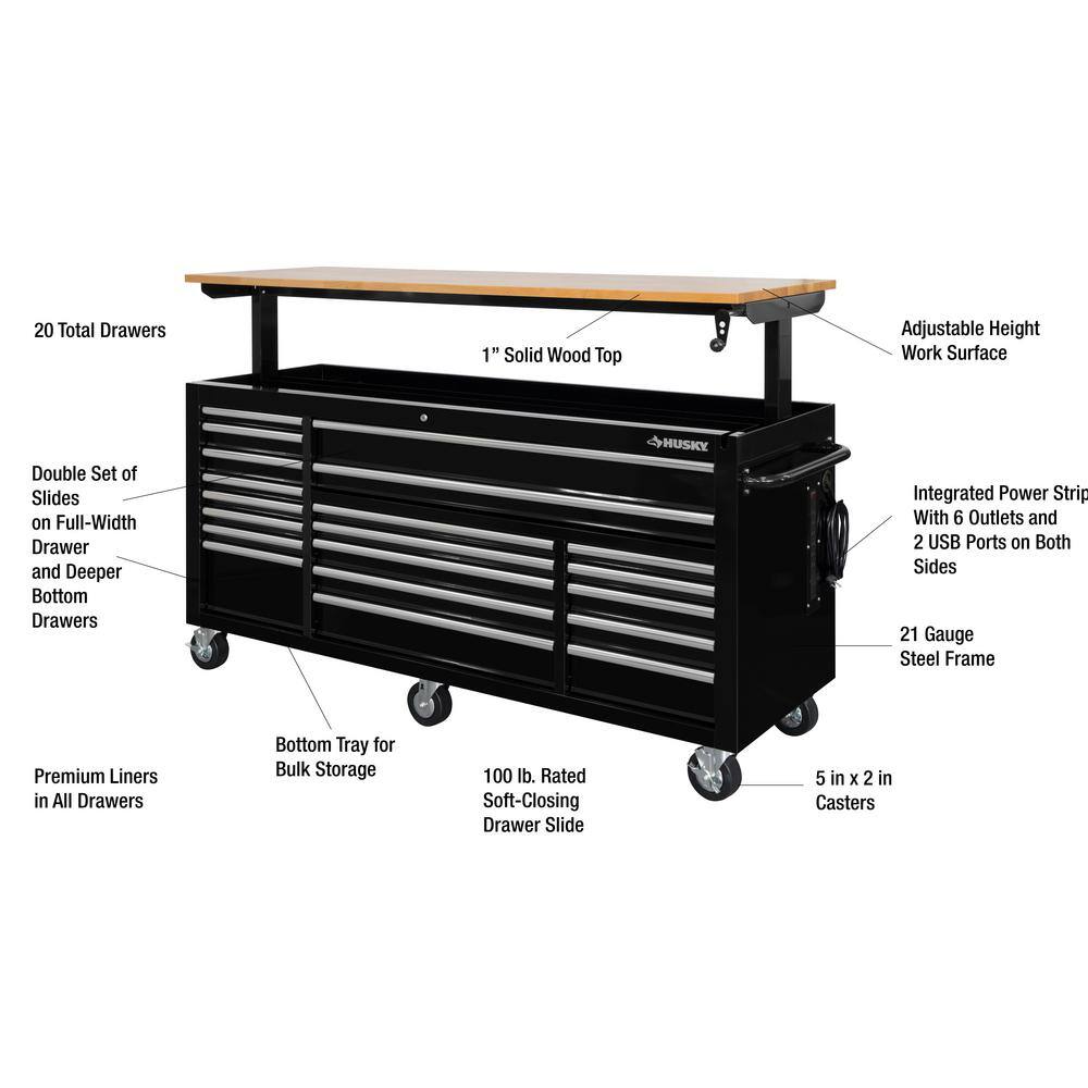 Husky 72 in. x 24.1 in. D 20-Drawer Mobile Workbench with Adjustable Height Solid Wood Top in Gloss Black HOLC7220B11M