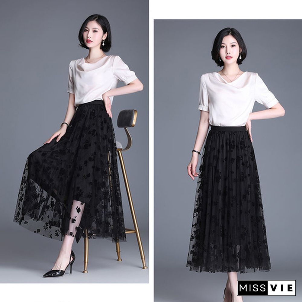 Spring Summer Women Long Maxi Pleated Skirt Midi Skirt High Waist Elascity Casual All-Match A- Line High Waist Streetwear Skirts