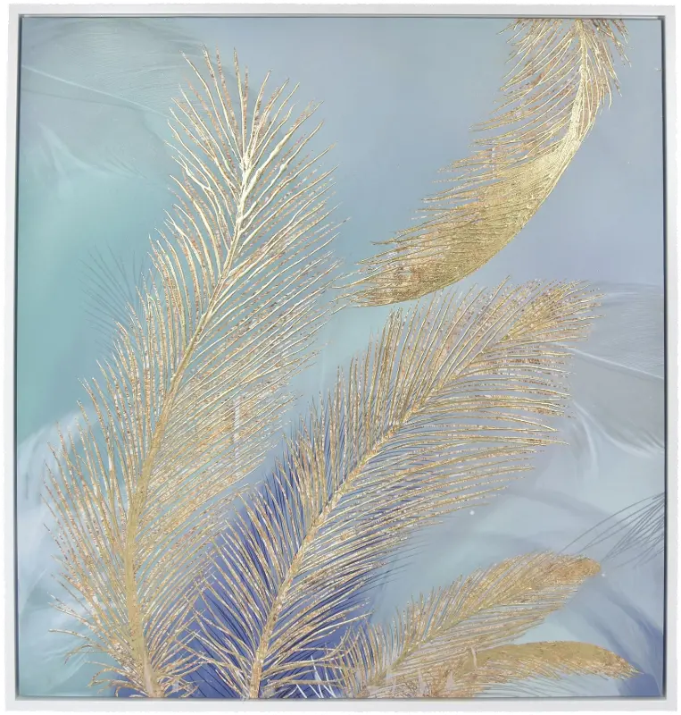 Gold Feather on Blue Background Framed Oil on Canvas Wall Art