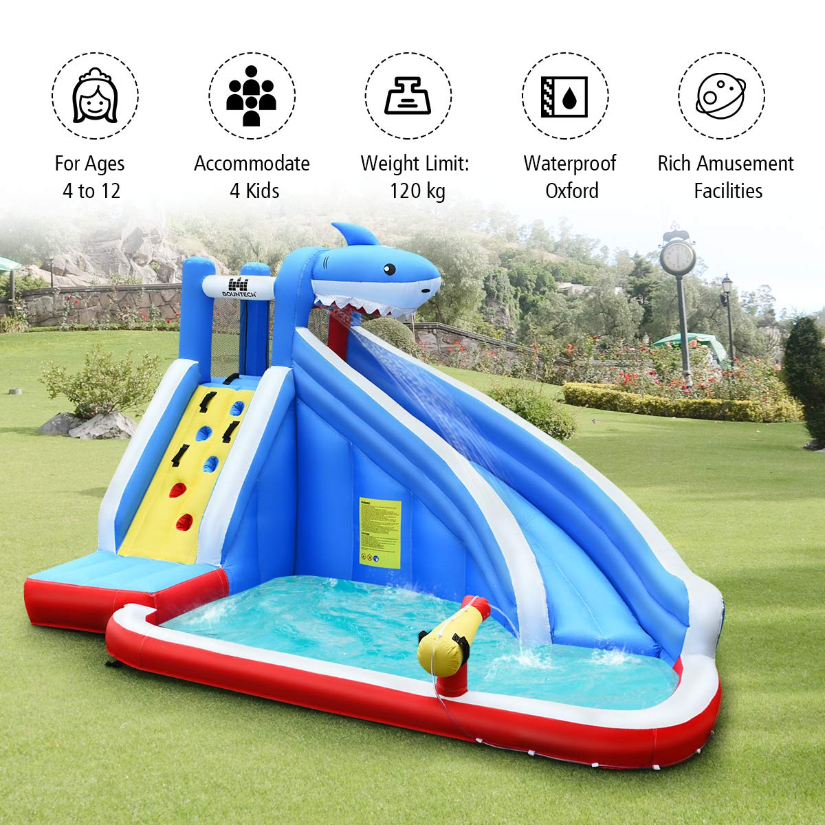 BOUNTECH 4 Kids Shark Themed Mighty Backyard Inflatable Water Slide w/ Climbing Wall