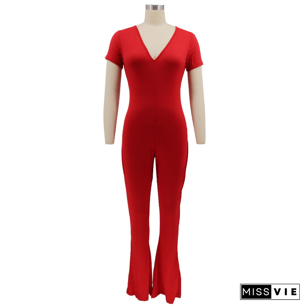 Short Sleeve V-neck Solid Flare Jumpsuit