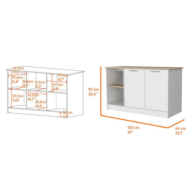 Mercury Kitchen Island， Two Cabinets， Four Open Shelves