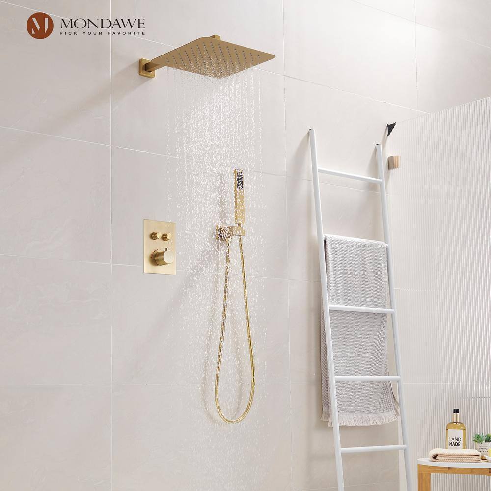 Mondawe 2-Spray Patterns 12 in. Wall Mount Rainfall Dual Shower Heads with Thermostatic Bathroom Showers in Gold WF6647-12BG