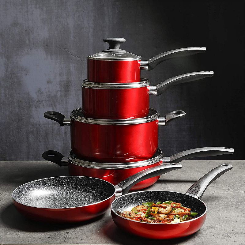 Oster Cocina Merrion 10 Piece Nonstick Aluminum Cookware Set in Red