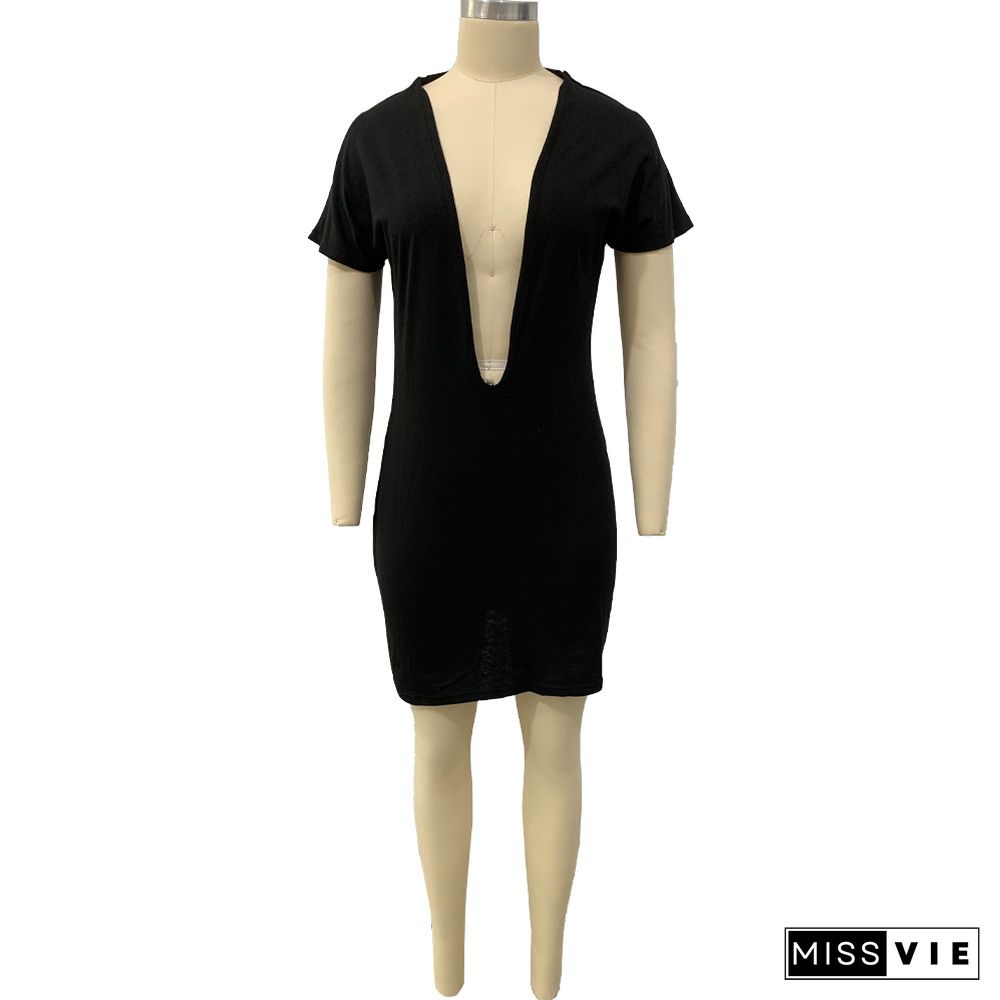 Summer Solid Color Short Sleeve Deep V-Neck Sheath Elastic Night Club Fashion Women Midi Dresses