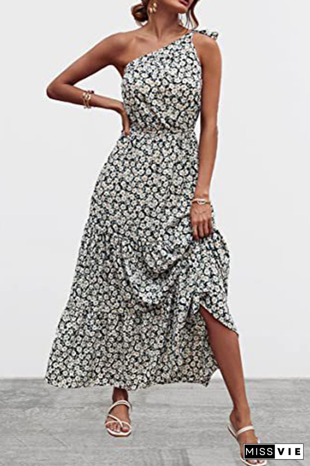 Floral Print One Shoulder High Waist Dress Wholesale