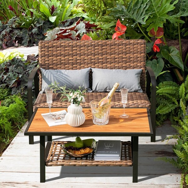 2 Pieces Patio Rattan Coffee Table Set with Shelf