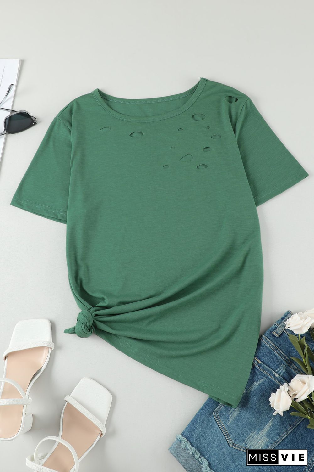 Green Holes Crew Neck Cotton Mixed T-shirt