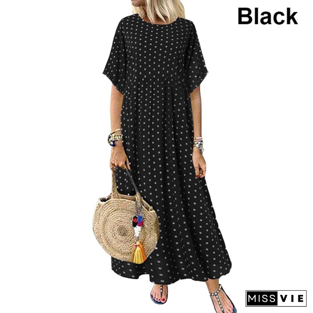 Women Summer Retro Polka Dot Printed Long Dress Casual Loose O-neck Short Sleeve Tunic Dress Maxi Dress Vestidos S-5XL