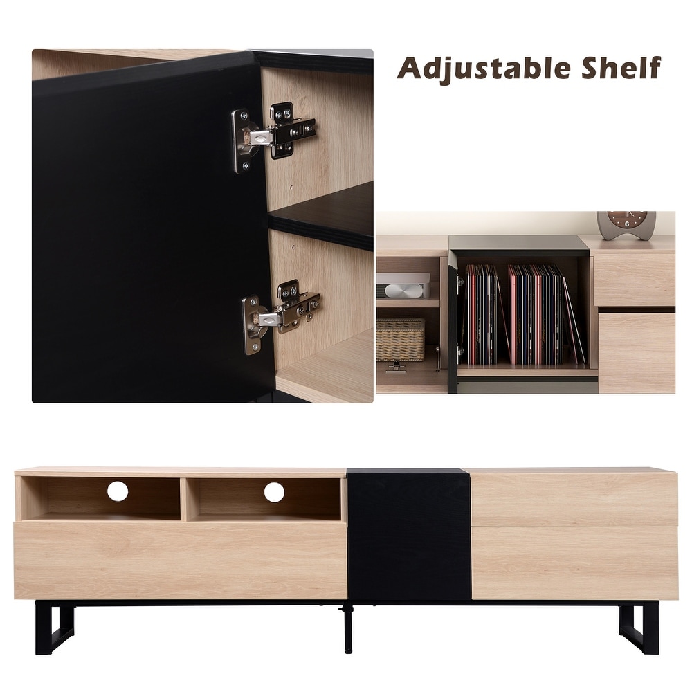 Contemporary TV Stand for 80 inch TVs   Double Storage Space  Modern Minimalist Style  Drop Down Doors  Cable Management