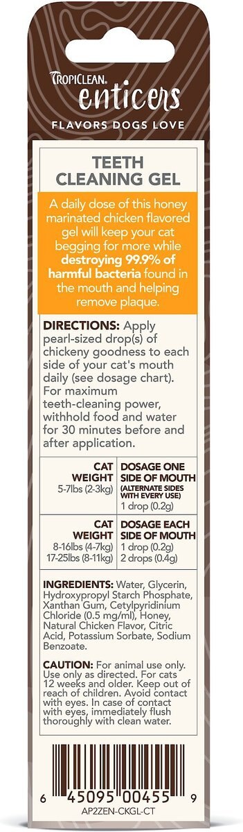 TropiClean Enticers Honey Marinated Chicken Flavor Cat Dental Gel， 2-oz tube