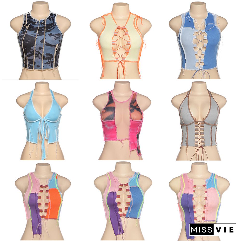 Sexy Patchwork Women Camisole Hollow Out Ribbed Knitting Crop Tops Club Party Wear Colorful Tank Top Bandage Vest Female