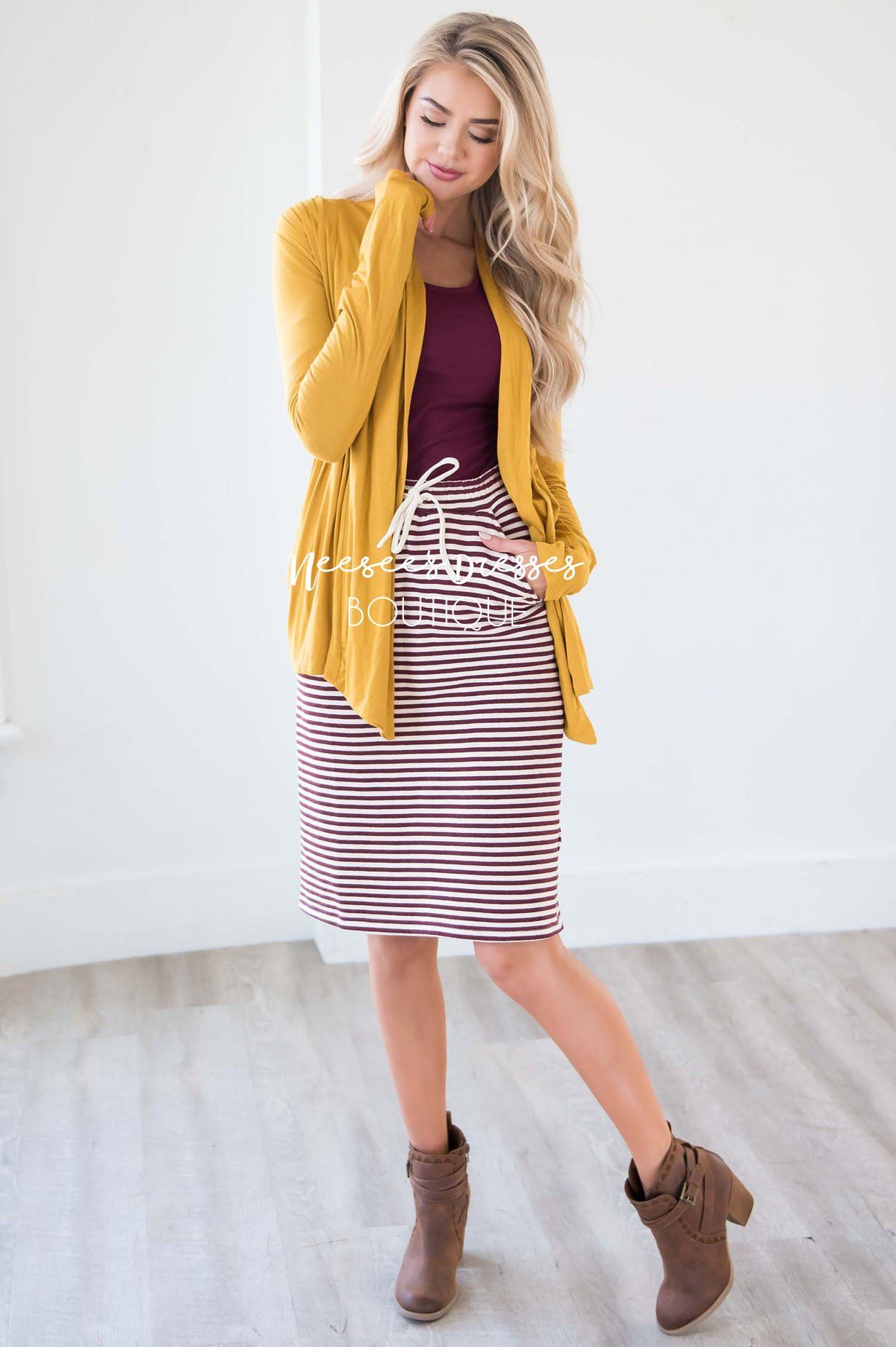 Burgundy Striped Skirt With Tie Waist