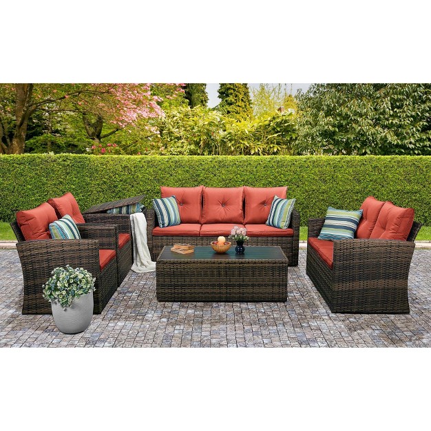 6pc Wicker Outdoor Conversation Set With Cushions Orange Edyo Living