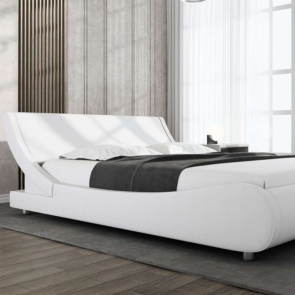 Modern Low Profile Wave Like Queen Size Platform Bed Frame  White