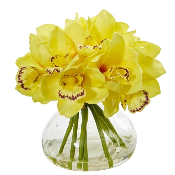 Cymbidium Orchid Artificial Arrangement in Glass Vase