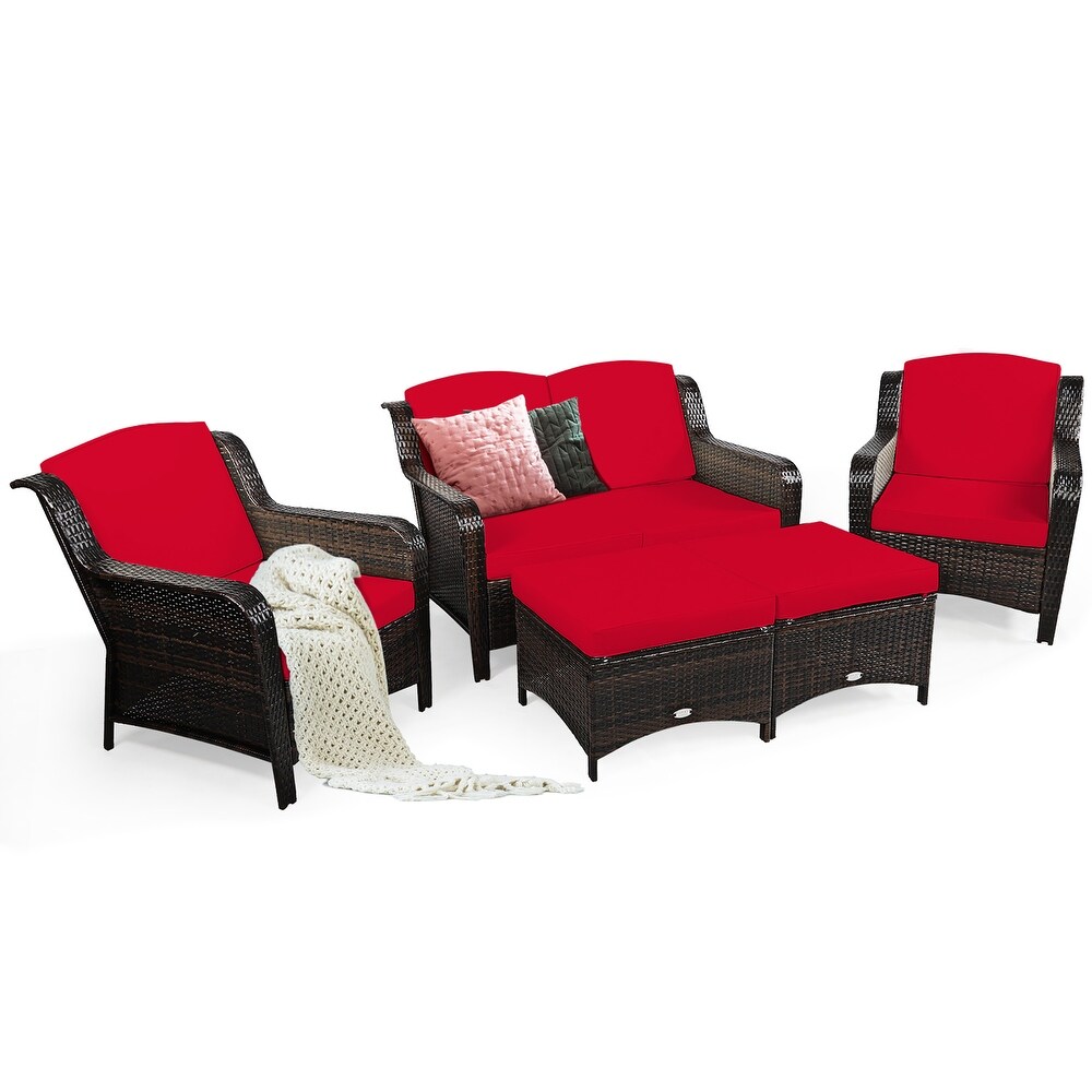 Costway 5PCS Patio Rattan Furniture Set Loveseat Sofa Ottoman