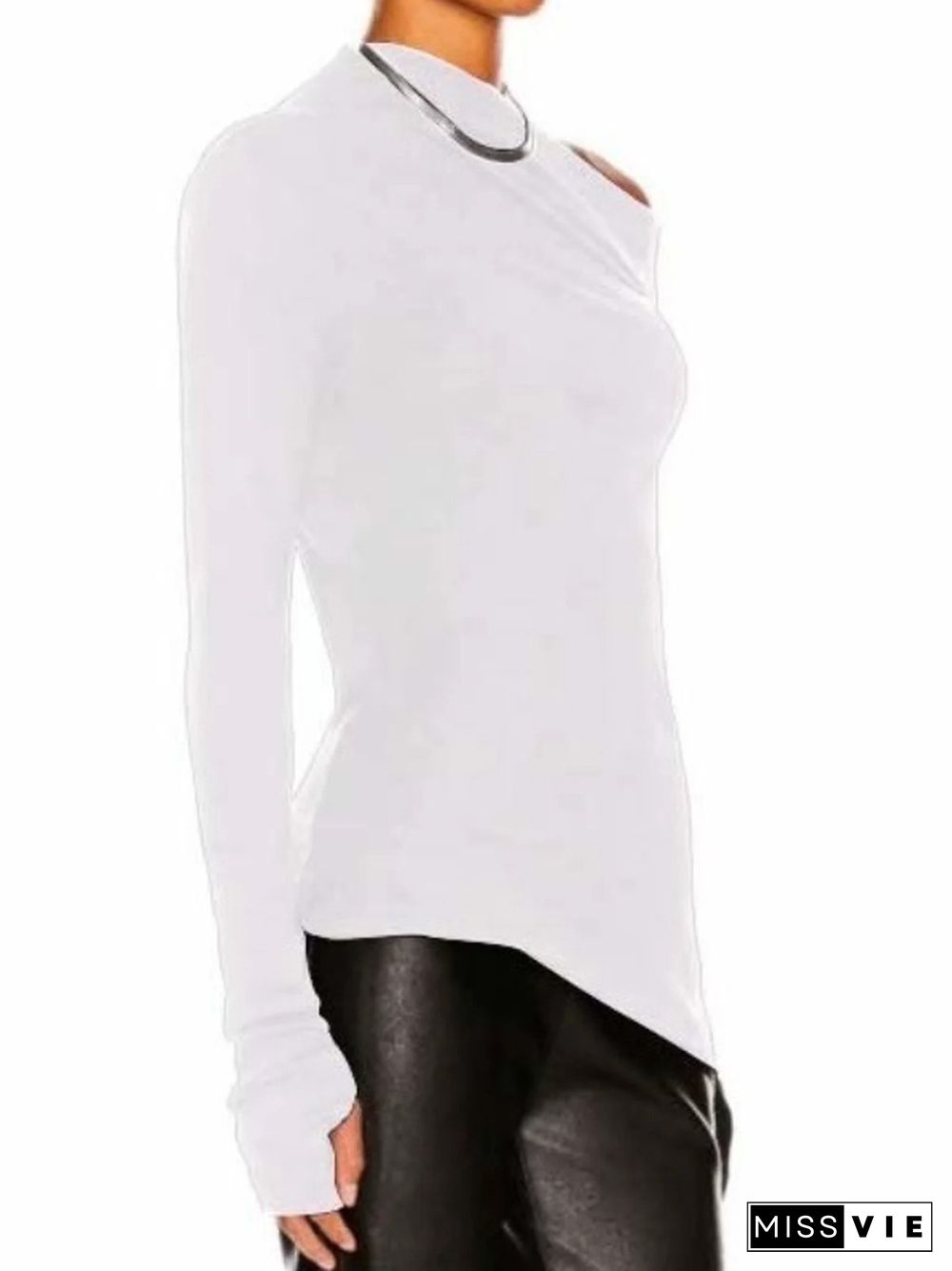 Stylish Solid Color One-Shoulder Long Sleeves T-Shirt Top